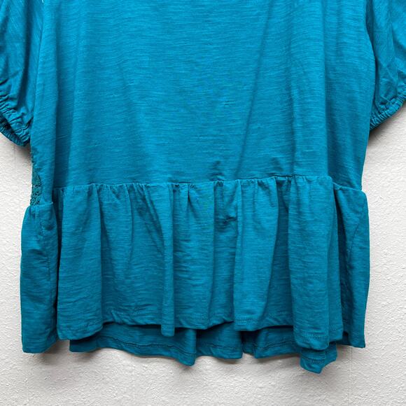 Lane Bryant Blue Ruffle Hem Top Womens 22/24 Peplum Lace Puff Sleeve Stretch - Picture 7 of 11